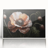 Framed wall art featuring a botanical poppy design in vibrant colors, displayed with a white frame, perfect for home decor and enhancing interior aesthetics.
