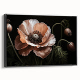 Framed botanical wall art collection featuring vibrant poppy design on canvas, showcasing a sleek black frame from a side view, ideal for modern decor.