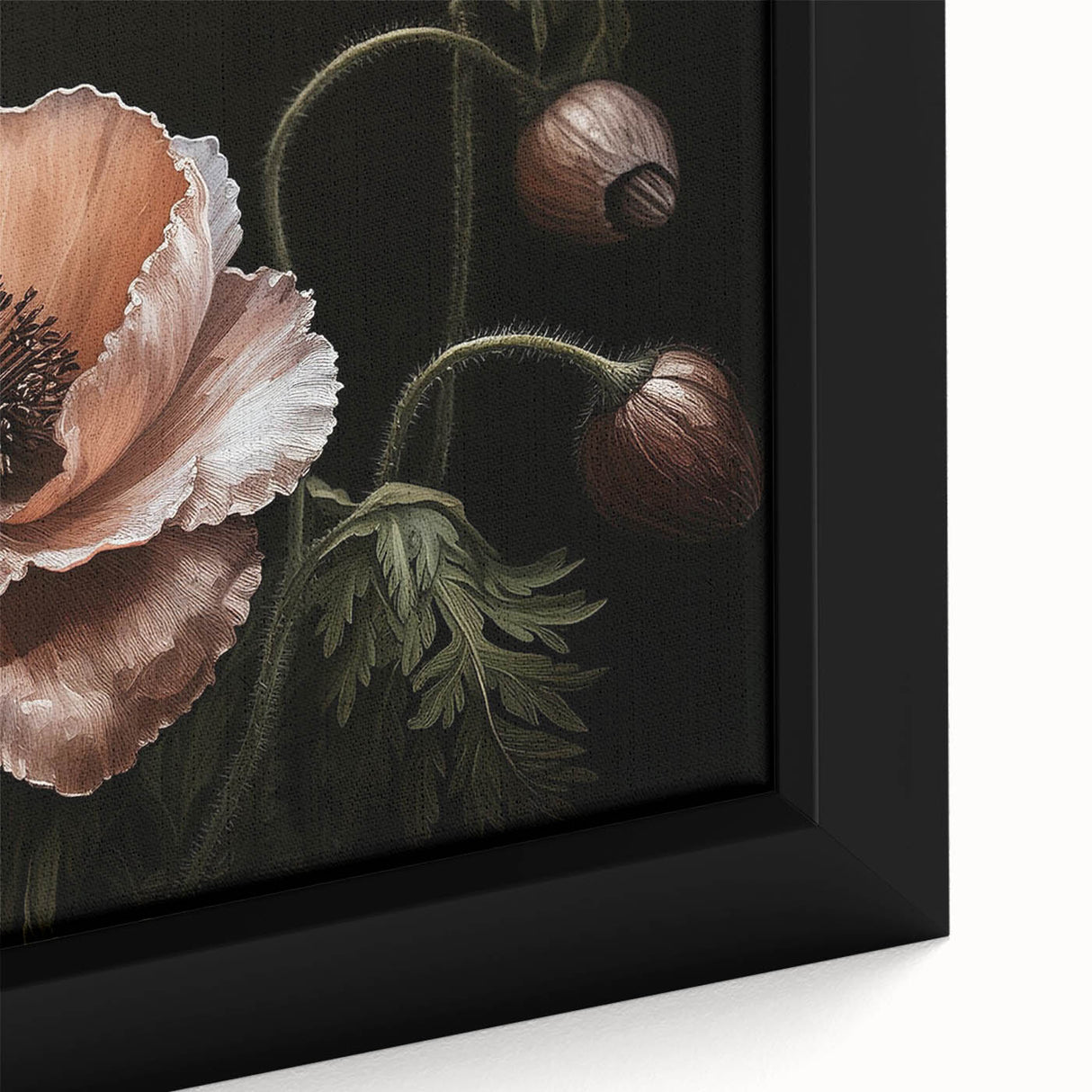 Close-up of a vibrant framed canvas depicting a botanical poppy design, showcasing intricate details and rich colors, ideal for enhancing home decor.