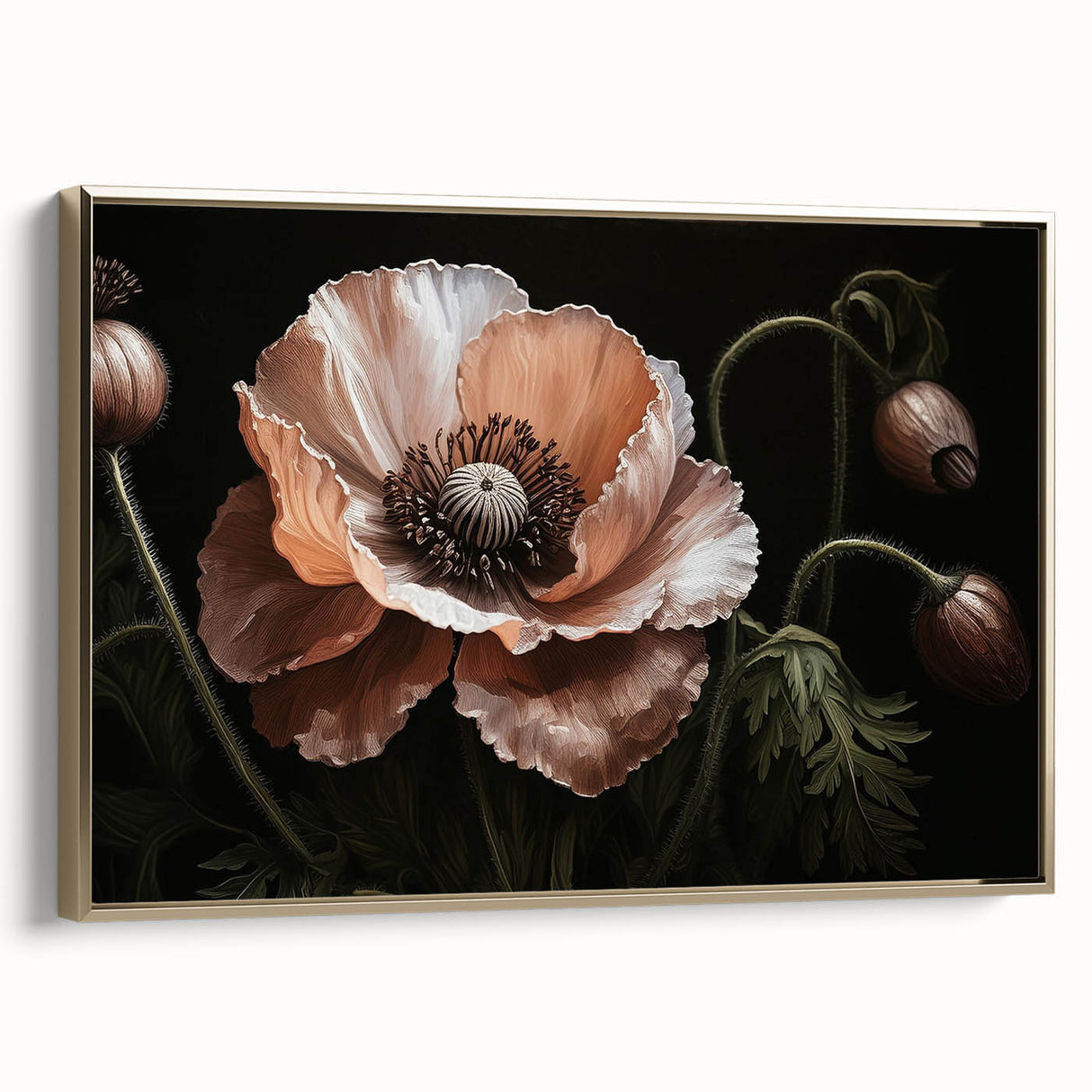 Framed canvas wall art featuring a vibrant botanical poppy design in gold frame, showcasing intricate floral details and elegant decor style for modern interiors.
