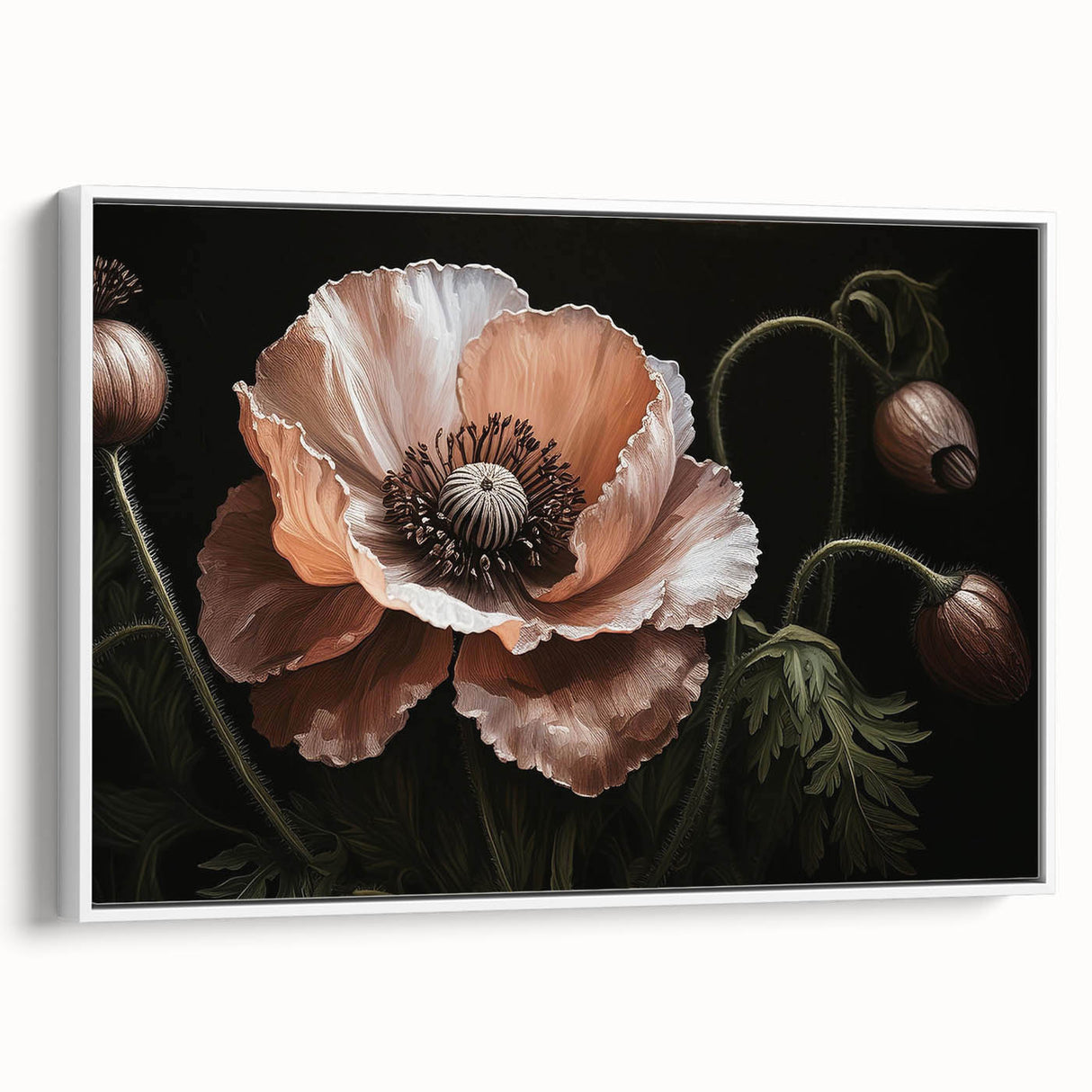 Framed canvas wall art featuring a vibrant botanical poppy design in a white frame, showcasing vivid colors and intricate floral details, perfect for home decor.