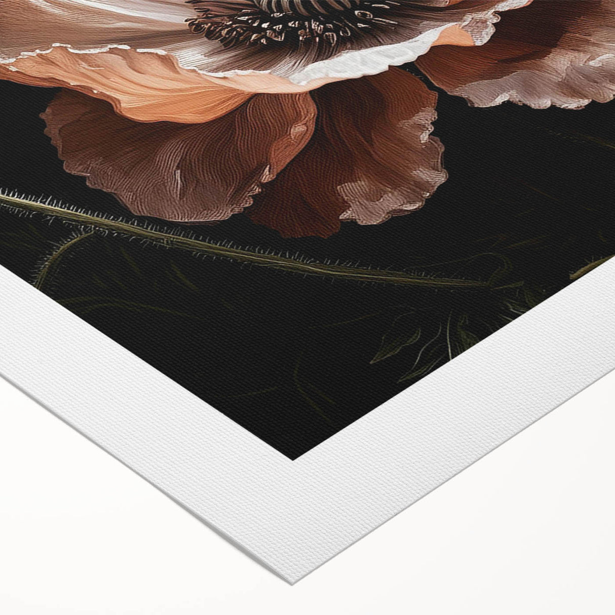 Vibrant rolled canvas artwork featuring a botanical poppy design, showcasing intricate floral details in rich colors, perfect for home decor enhancement.