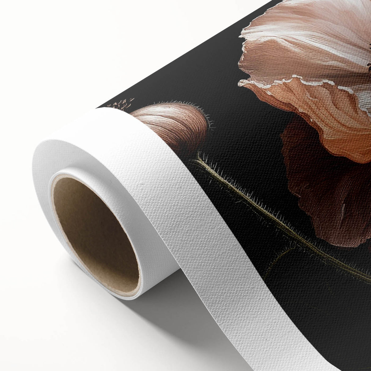 Vibrant botanical wall art featuring a poppy design on rolled canvas, showcasing intricate details and rich colors, perfect for home decor enhancement.