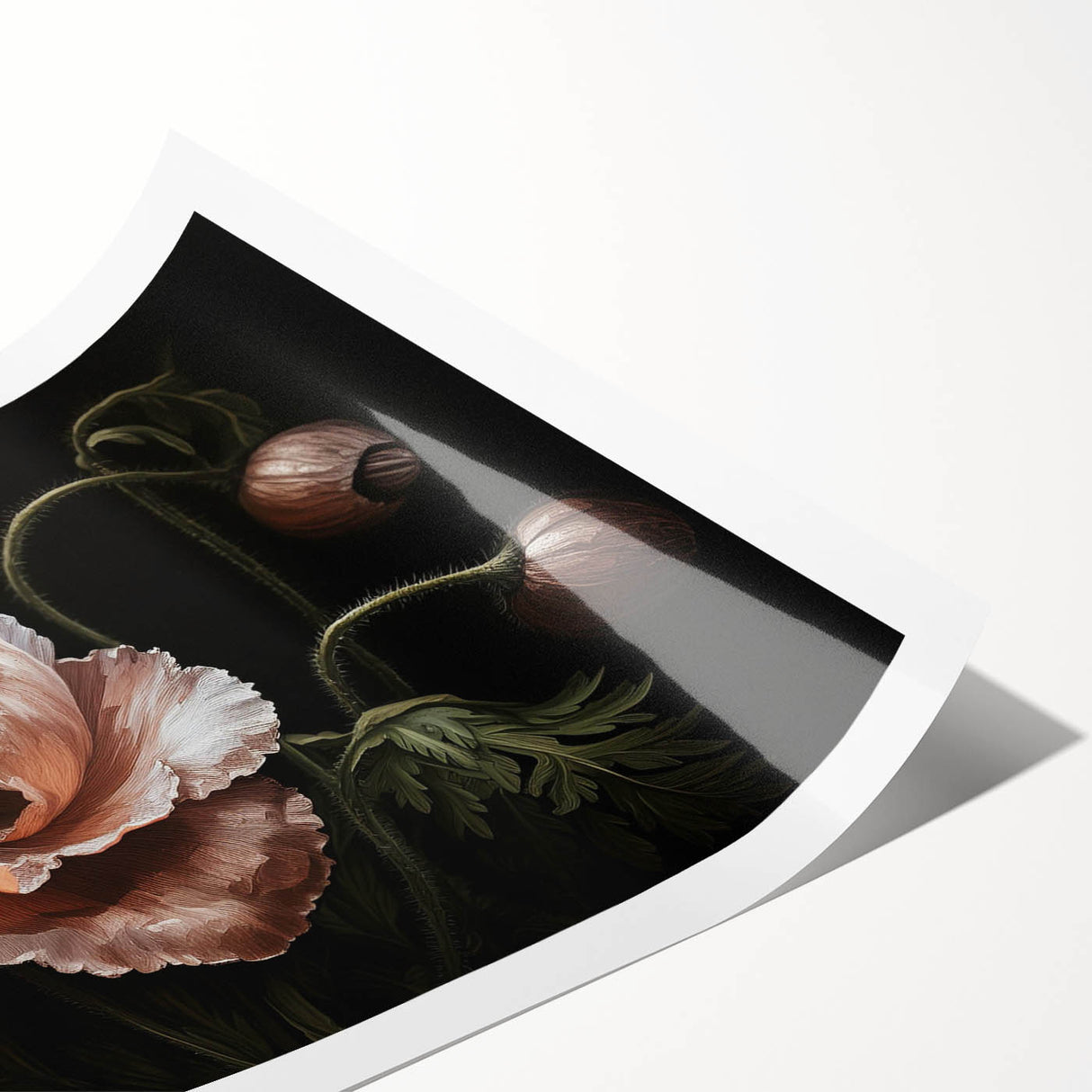 Vibrant botanical wall art featuring a poppy design, showcasing rich colors and intricate details. Ideal for home decor, this rolled print enhances any space with floral elegance.