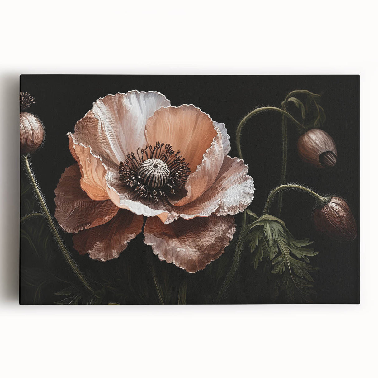 Vibrant stretched canvas wall art showcasing a botanical poppy design in rich colors, ideal for adding a touch of nature-inspired elegance to home decor.