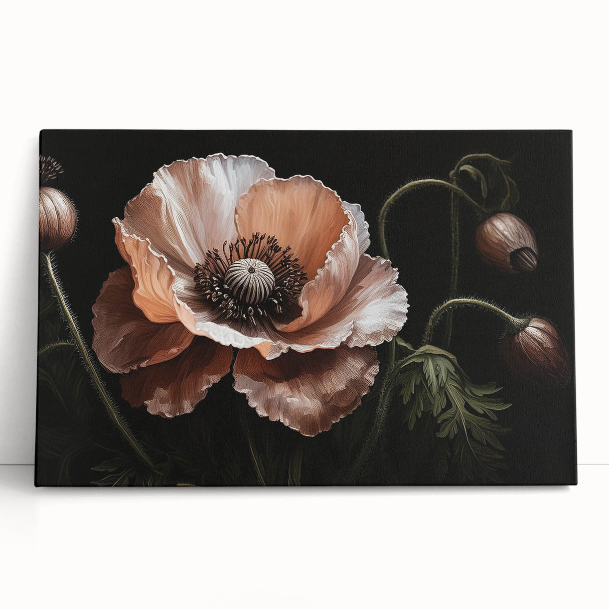 Colorful botanical poppy wall art collection on stretched canvas, showcasing vibrant flowers against a neutral background, perfect for home decor enhancement.