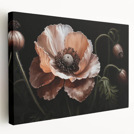 Stretched canvas wall art showcasing a vibrant botanical poppy design, highlighting rich colors and intricate details from a side view, perfect for home décor.