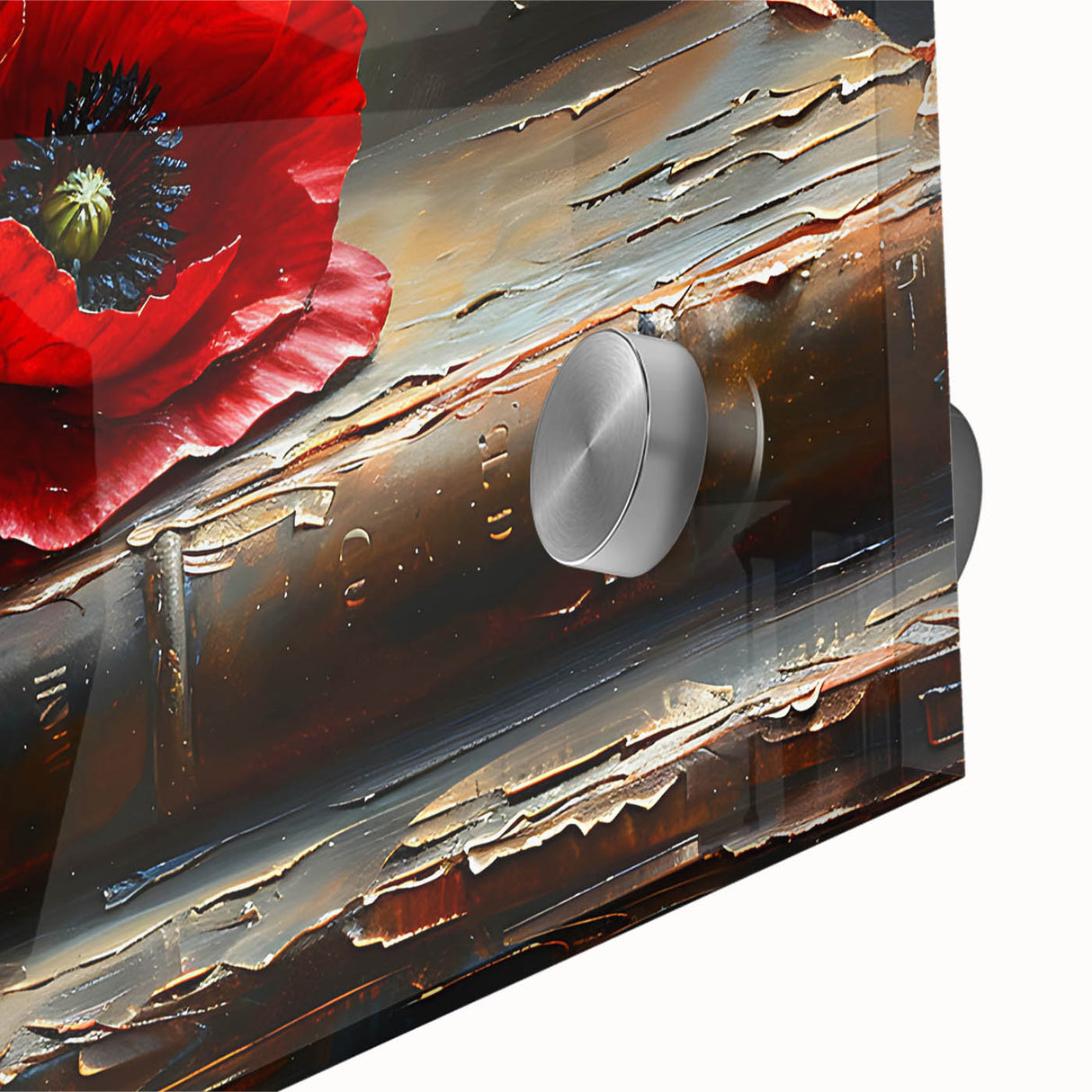 Close-up view of a vibrant botanical poppy wall art design, showcasing intricate details and vivid colors, perfect for home decor or art enthusiasts.