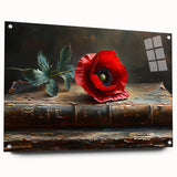 Acrylic glass wall art showcasing a vibrant botanical poppy design, framed with pins for easy mounting, ideal for enhancing modern home decor with floral aesthetics.