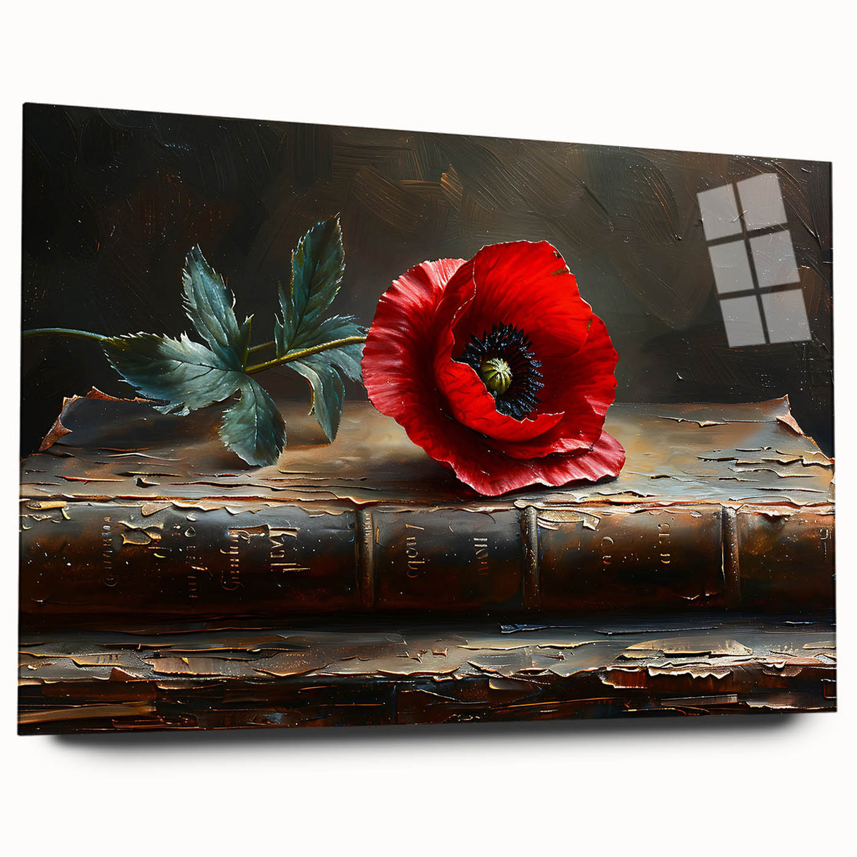 Acrylic glass wall art showcasing a vibrant botanical poppy design, elegantly displayed from a side view, highlighting its sleek edges and vivid colors, perfect for home decor.