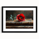 Black-framed wall art featuring a botanical poppy design on a white mat, showcasing vibrant colors and intricate details, perfect for modern home decor.