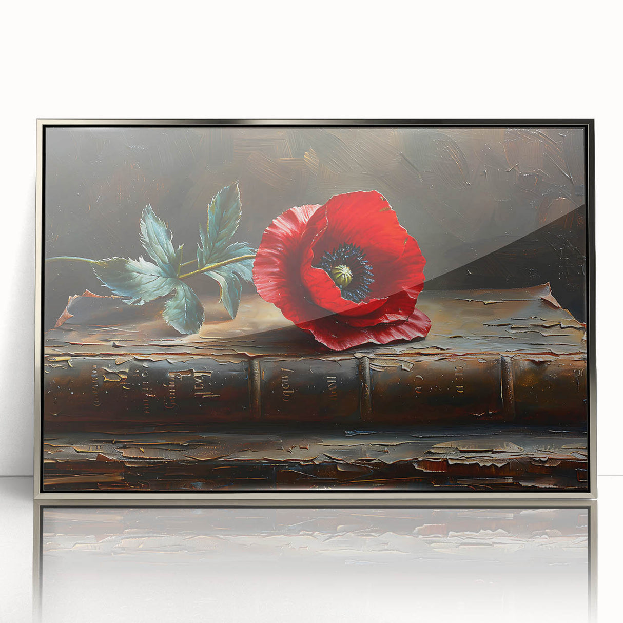 Framed wall art showcasing a vibrant botanical poppy design in acrylic, with a sleek silver frame, adding elegance to home decor. Perfect for floral enthusiasts.