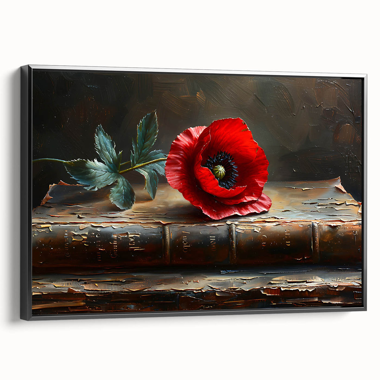 Framed canvas wall art showcasing a vibrant poppy botanical design in a sleek black frame, ideal for enhancing modern home decor with a touch of nature.