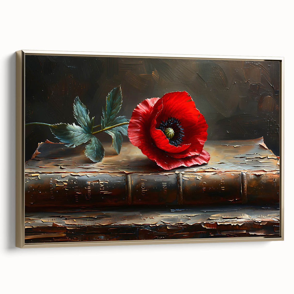 Framed canvas wall art featuring a botanical poppy design, highlighted with gold accents. The artwork is elegantly displayed from a side view, showcasing its vibrant colors and intricate details, perfect for enhancing home decor.