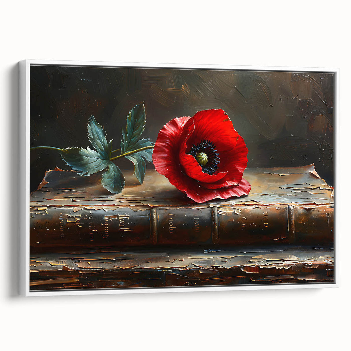 Framed canvas wall art showcasing a vibrant botanical poppy design in shades of red and green, elegantly displayed with a crisp white border for a modern decor aesthetic.