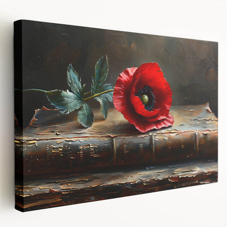 Stretched canvas wall art showcasing an intricate botanical poppy design, featuring vibrant red and green colors, displayed from a side view to highlight its depth and texture.