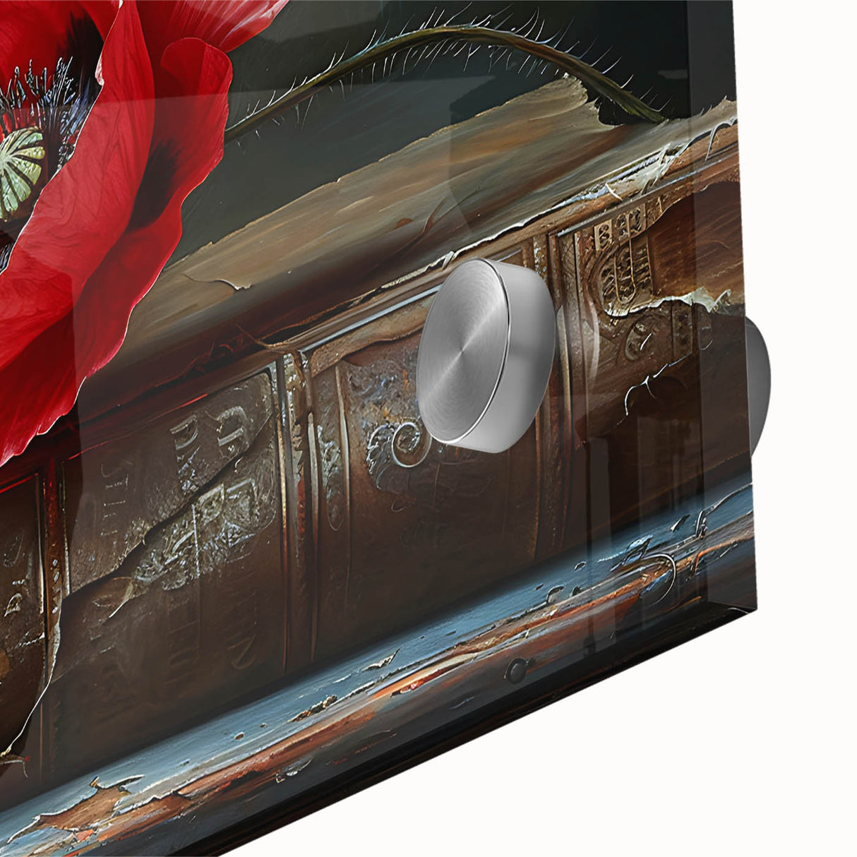 Close-up of a vibrant botanical poppy wall art design, showcasing intricate details and vivid colors on acrylic glass, perfect for home decor enhancement.