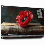 Acrylic glass wall art featuring a vibrant botanical poppy design, showcasing vivid colors and intricate details, elegantly displayed with decorative pins on a white background. Ideal for enhancing modern interior decor with a touch of nature.