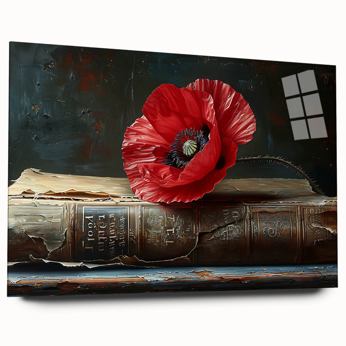 Botanical wall art print featuring vibrant poppy flowers displayed in an elegant acrylic glass frame, showcasing its vivid colors and intricate details, perfect for home decor.