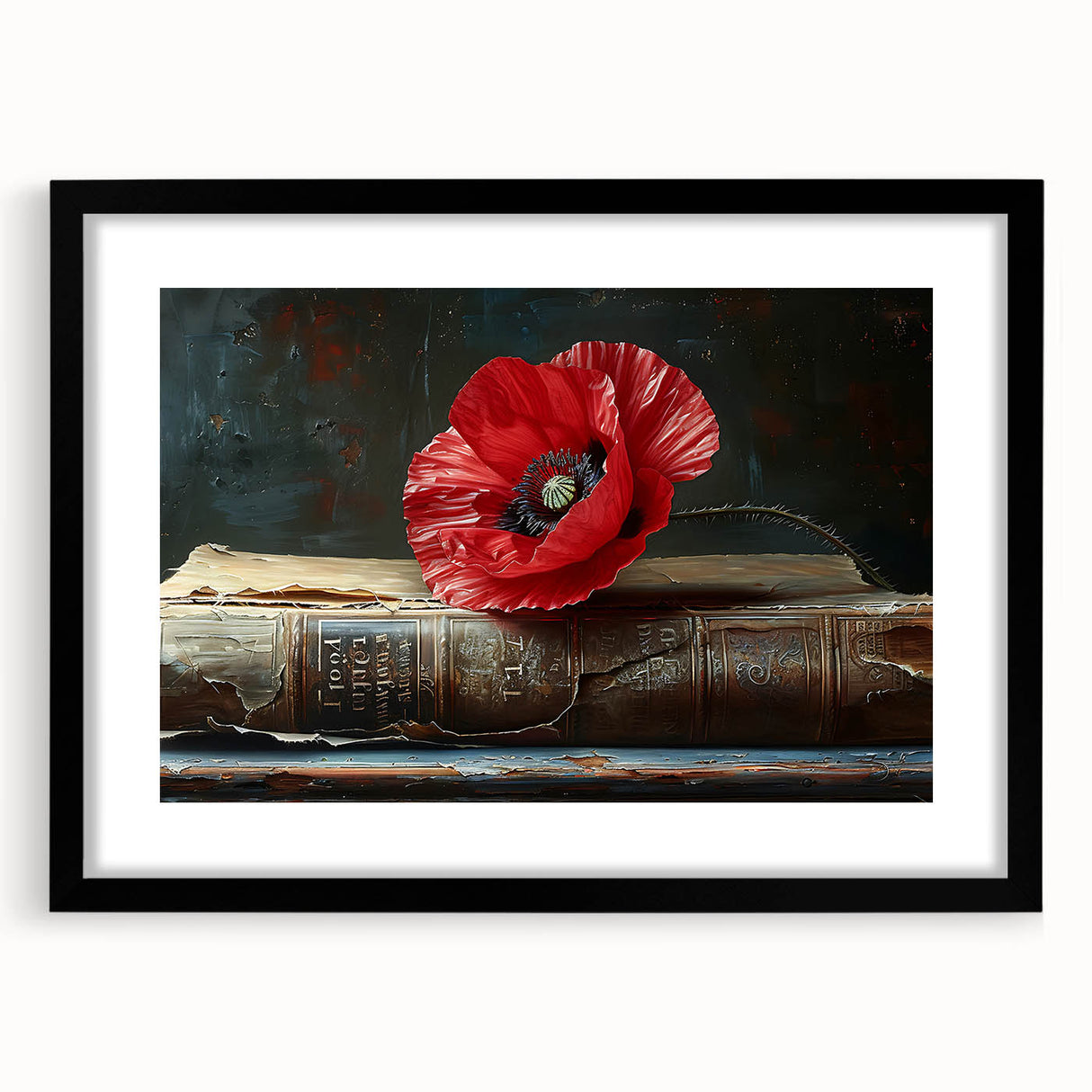 Framed botanical wall art featuring a vibrant poppy design in black matting, showcasing intricate floral details, perfect for home decor enhancement.