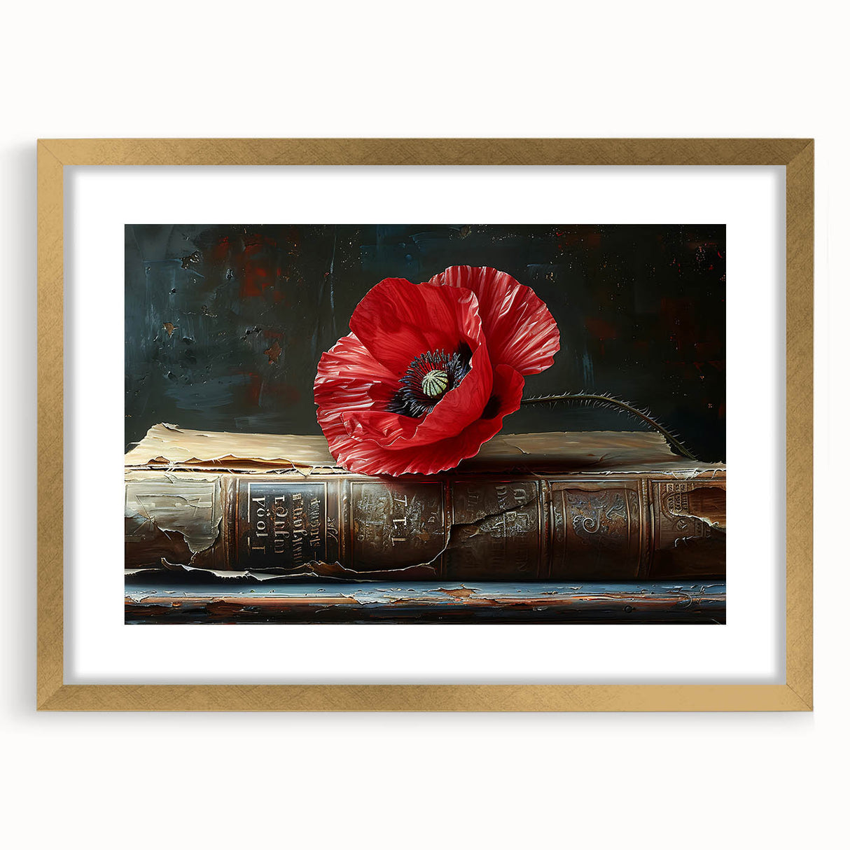 Elegant botanical poppy wall art framed in gold, showcasing intricate floral details and a mat finish, perfect for enhancing home décor with a touch of nature.
