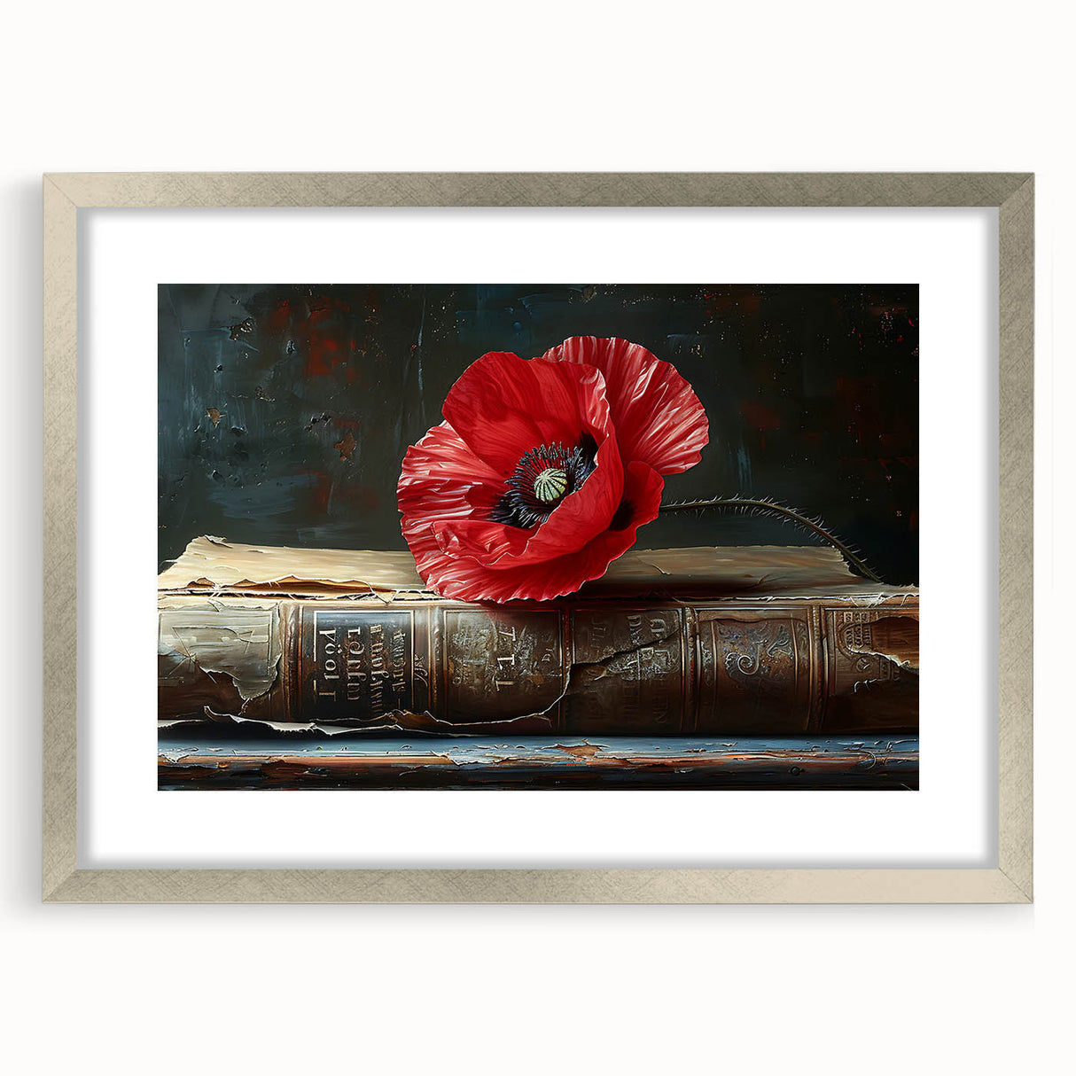 Botanical poppy design wall art framed in silver, showcasing vibrant colors and intricate floral details, perfect for home decor and enhancing any living space.