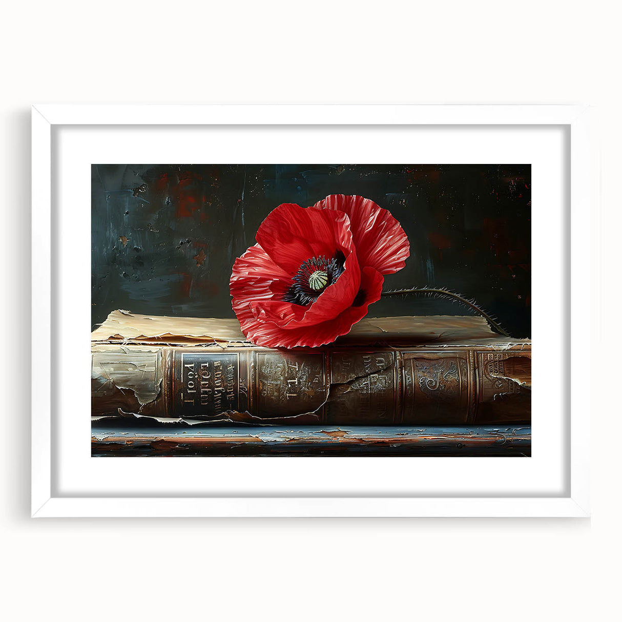 Framed botanical poppy wall art featuring vibrant red and green colors, elegantly matted in white, perfect for enhancing home decor and bringing nature indoors.