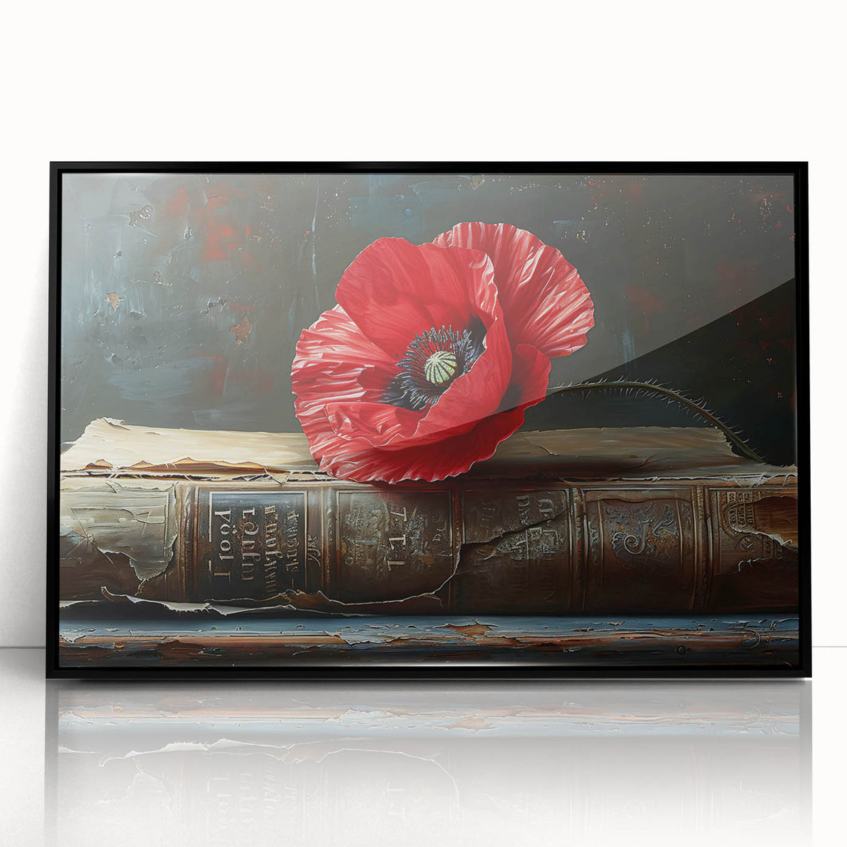Framed acrylic wall art featuring a vibrant botanical poppy design, showcased in a sleek black frame. Perfect for adding a touch of elegance to home decor.