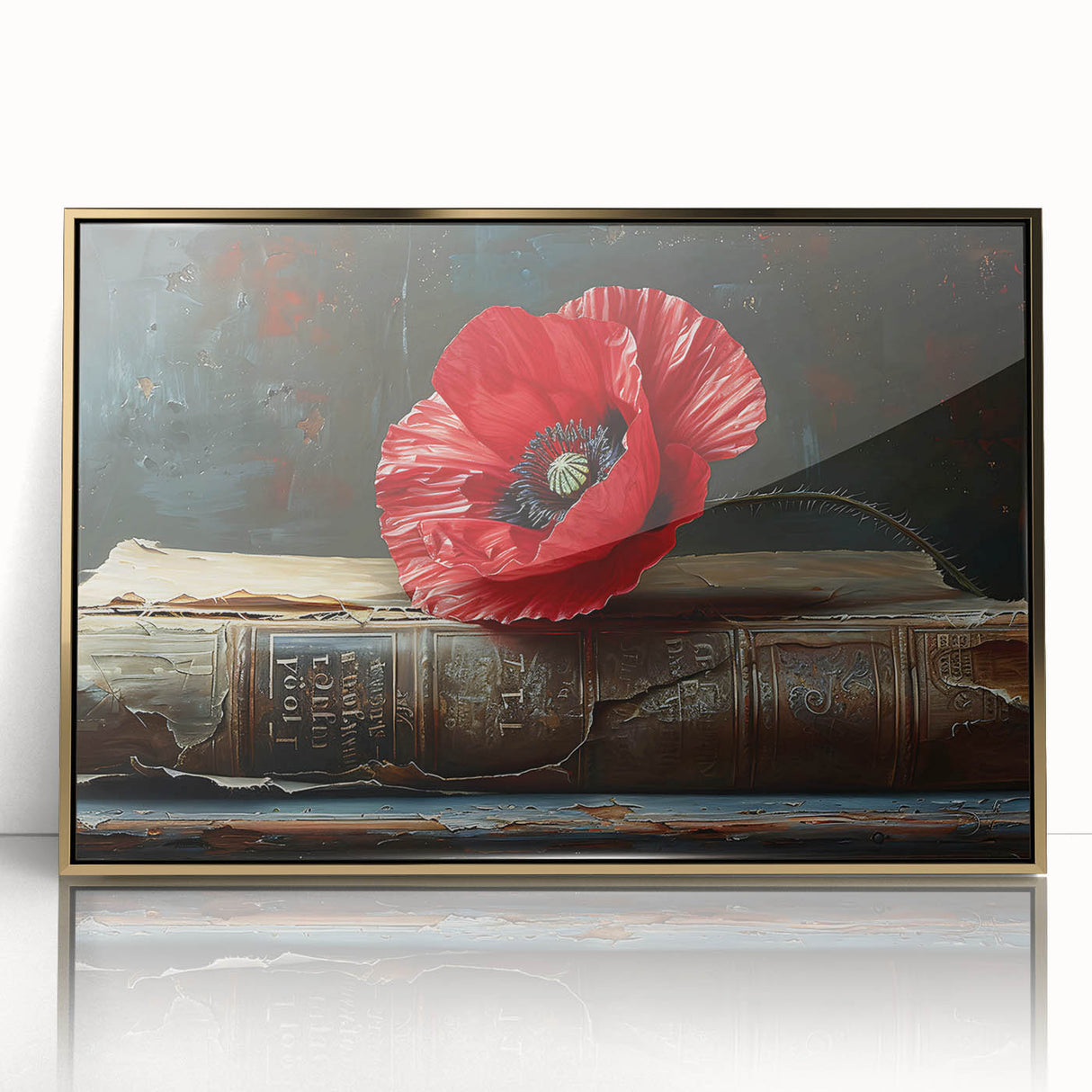 Framed wall art featuring a botanical design of vibrant red poppies on a textured background, with a sleek gold frame enhancing its elegance and charm. Perfect for home decor.