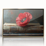 Framed wall art featuring a botanical design of vibrant red poppies on a textured background, with a sleek gold frame enhancing its elegance and charm. Perfect for home decor.