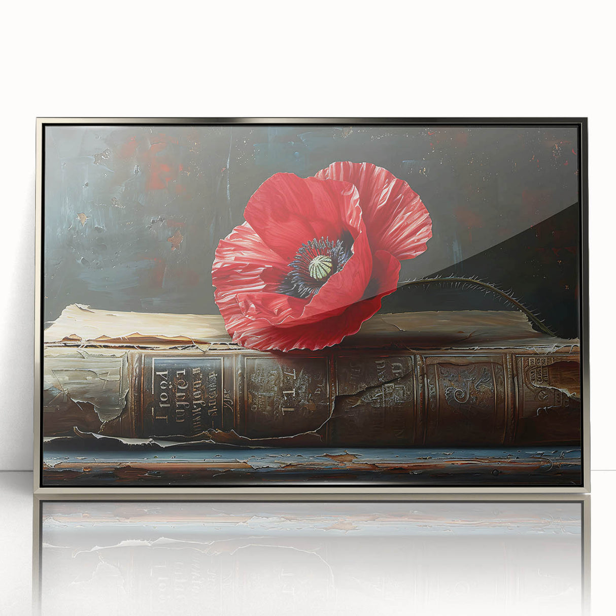 Framed wall art featuring a botanical poppy design in vibrant colors, set in a sleek silver frame, perfect for adding a touch of elegance to home decor.