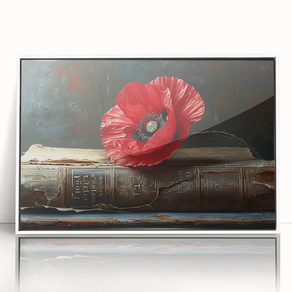 Framed wall art showcasing a botanical poppy design in vibrant colors, featuring a white frame that enhances the floral aesthetic, ideal for home decor.