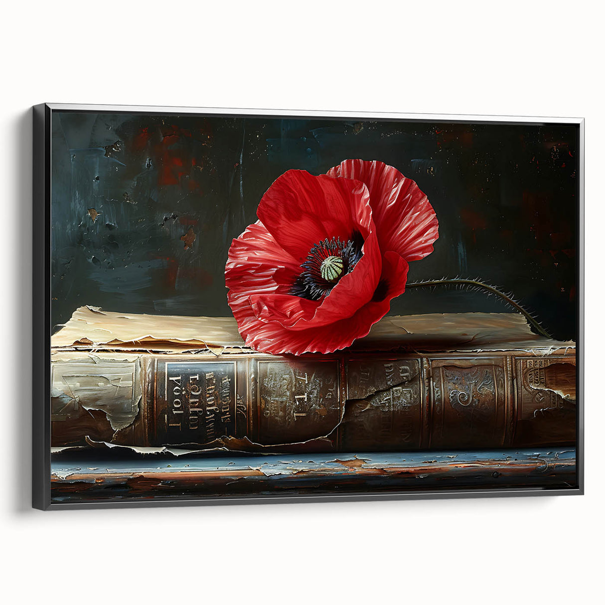 Framed botanical wall art featuring a vibrant poppy design on a black background, showcasing intricate floral details and a sleek side view. Perfect for adding a touch of nature-inspired elegance to any room decor.