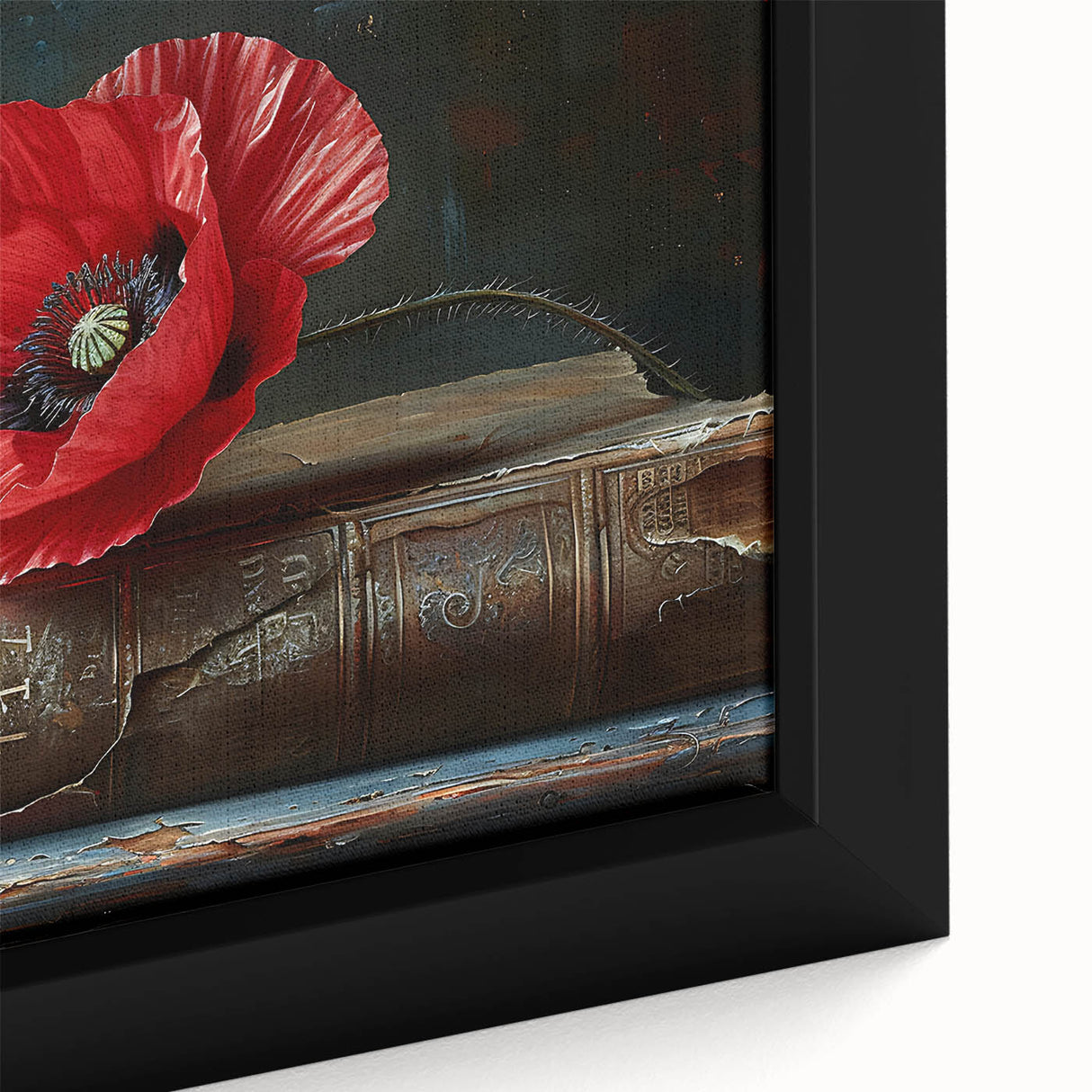 Close-up of a framed botanical wall art piece featuring vibrant red poppies on a textured canvas, highlighting intricate details and vivid colors, perfect for home decor.