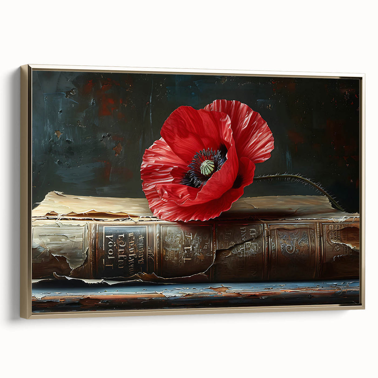 Framed canvas wall art showcasing a vibrant botanical poppy design, featuring rich gold accents and a sleek side profile, perfect for home decor enhancement.