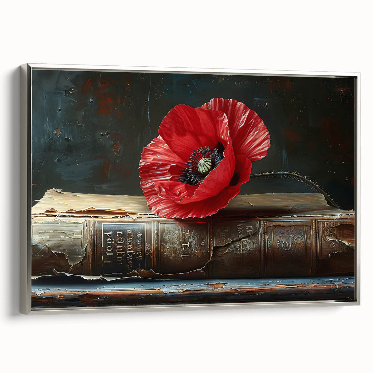 Framed botanical wall art showcasing vibrant poppy flowers with a silver frame, enhancing any decor with its elegant design and artistic details. Perfect for floral enthusiasts.