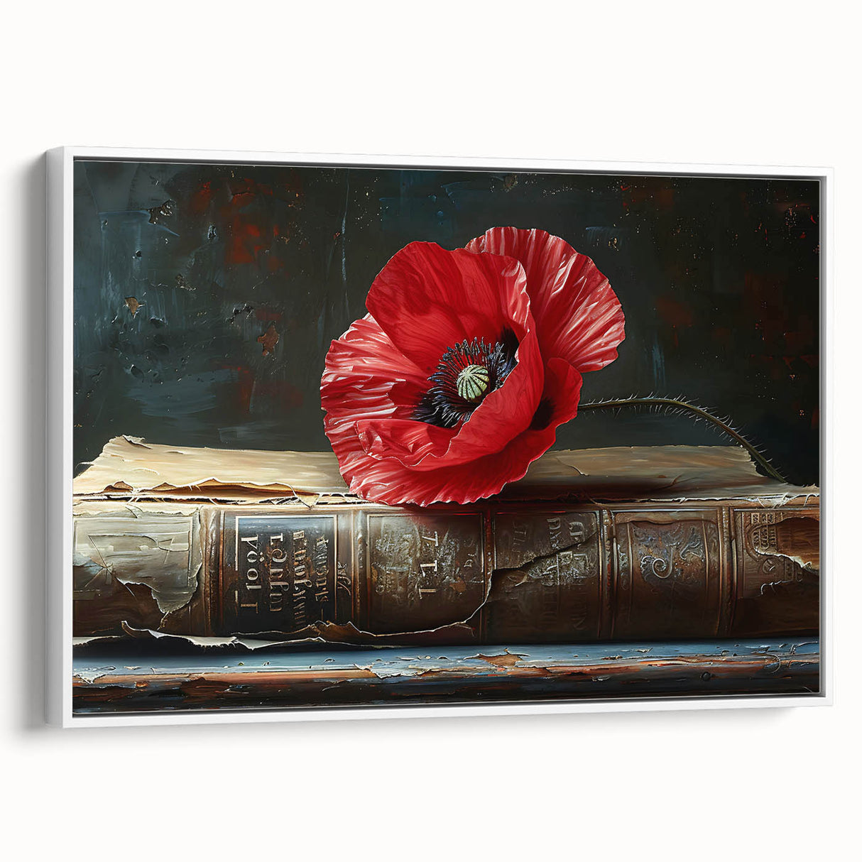 Framed wall art featuring a botanical poppy design on canvas, showcasing vibrant colors and intricate floral details. Side view highlights the frame's sleek white finish, perfect for modern home decor.