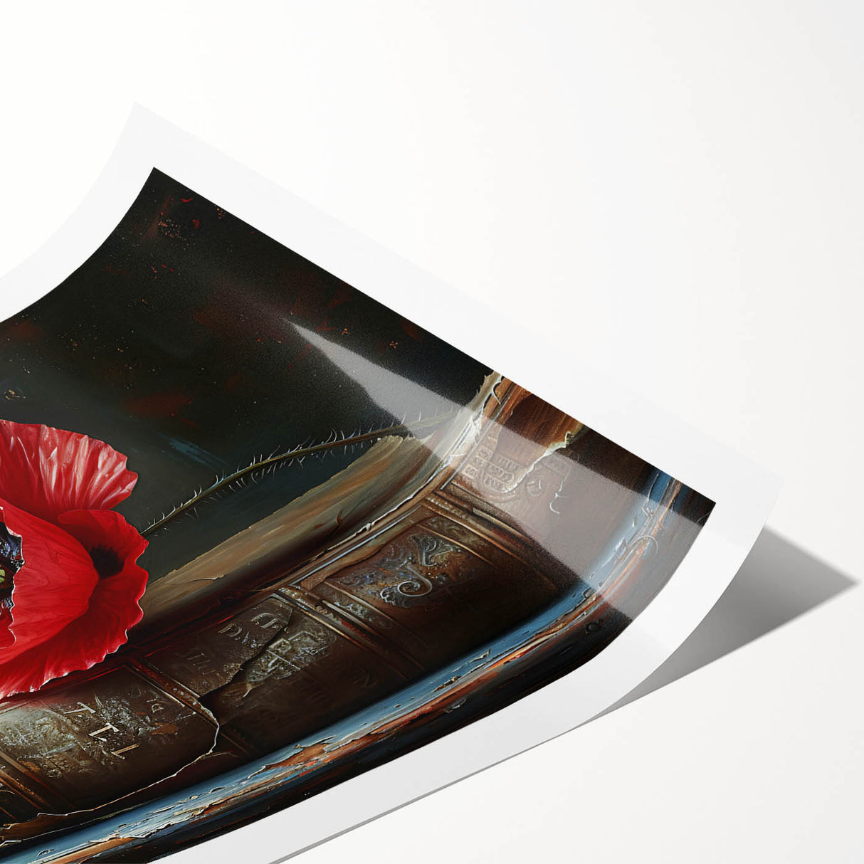 Vibrant botanical poppy wall art print showcasing intricate floral details in shades of red and green, rolled for easy framing and display. Perfect for home decor.