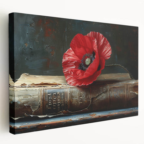 Stretched canvas wall art showcasing a vibrant botanical design of poppies in rich hues, ideal for home decor. The side view highlights its textured finish and artistic details, making it a perfect focal point for any room.