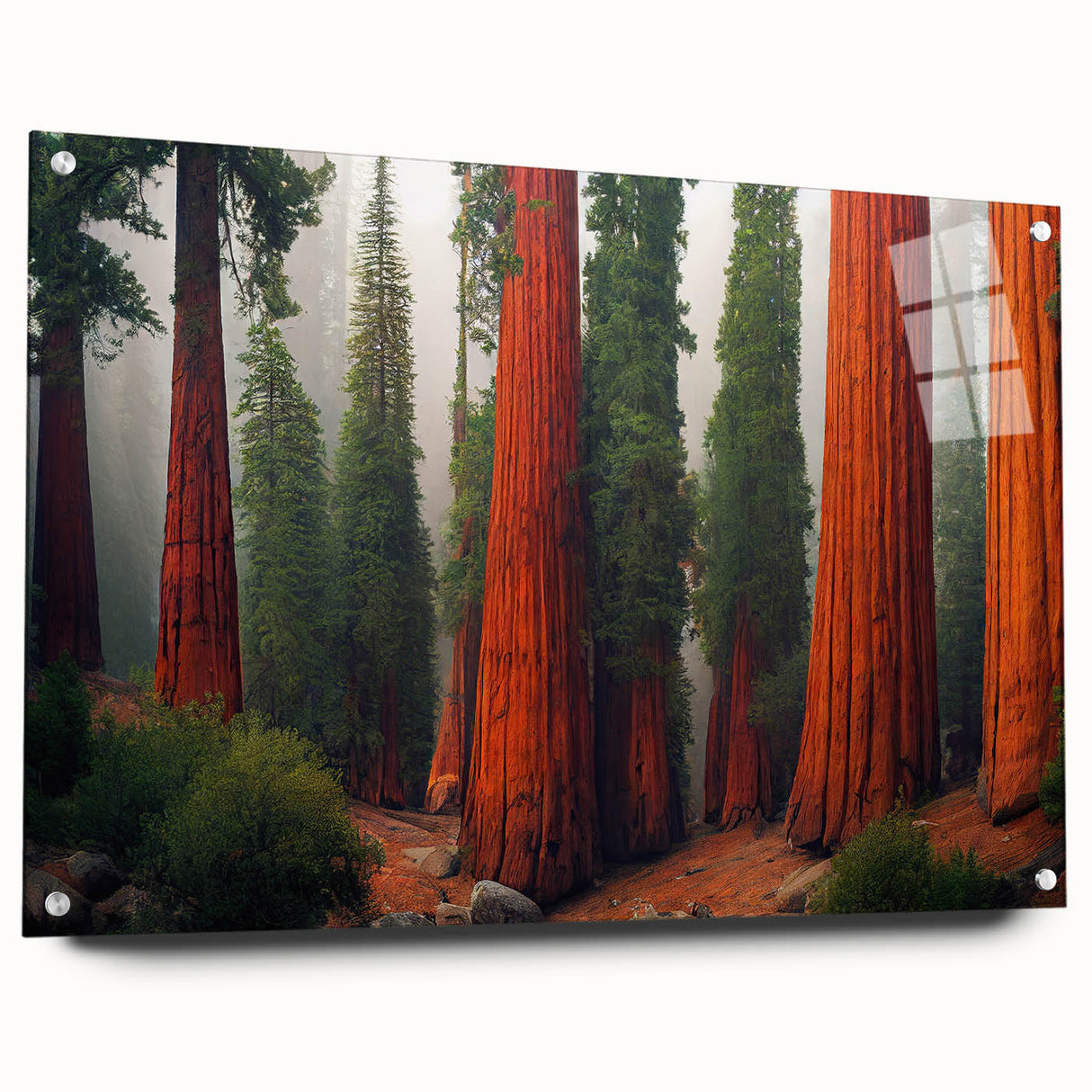 Acrylic glass wall art displaying a vibrant botanical design of redwood trees, featuring intricate details and a modern side view with pins for easy hanging.