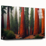 Acrylic glass wall art displaying a vibrant botanical design of redwood trees, featuring intricate details and a modern side view with pins for easy hanging.