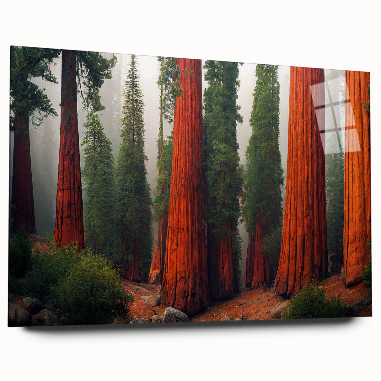 Close-up of a botanical wall art design showcasing vibrant redwood trees, displayed in acrylic glass. The artwork features intricate details and a side view, perfect for nature enthusiasts.