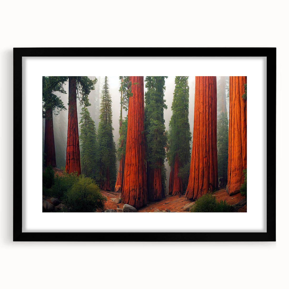 Black-framed botanical wall art featuring vibrant redwood trees and colorful flowers, designed for wall decor, enhancing nature-inspired interiors.