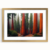Framed botanical wall art showcasing vibrant flowers and majestic redwood trees, accented with a gold mat, ideal for enhancing home decor with nature-inspired elegance.