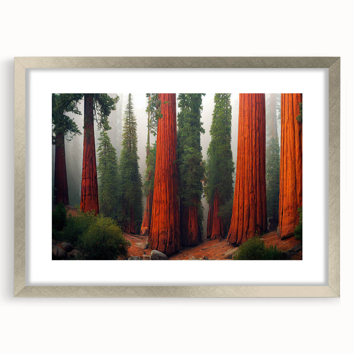 Framed botanical wall art featuring vibrant redwood trees design in silver finish, perfect for enhancing home decor with natural elegance.