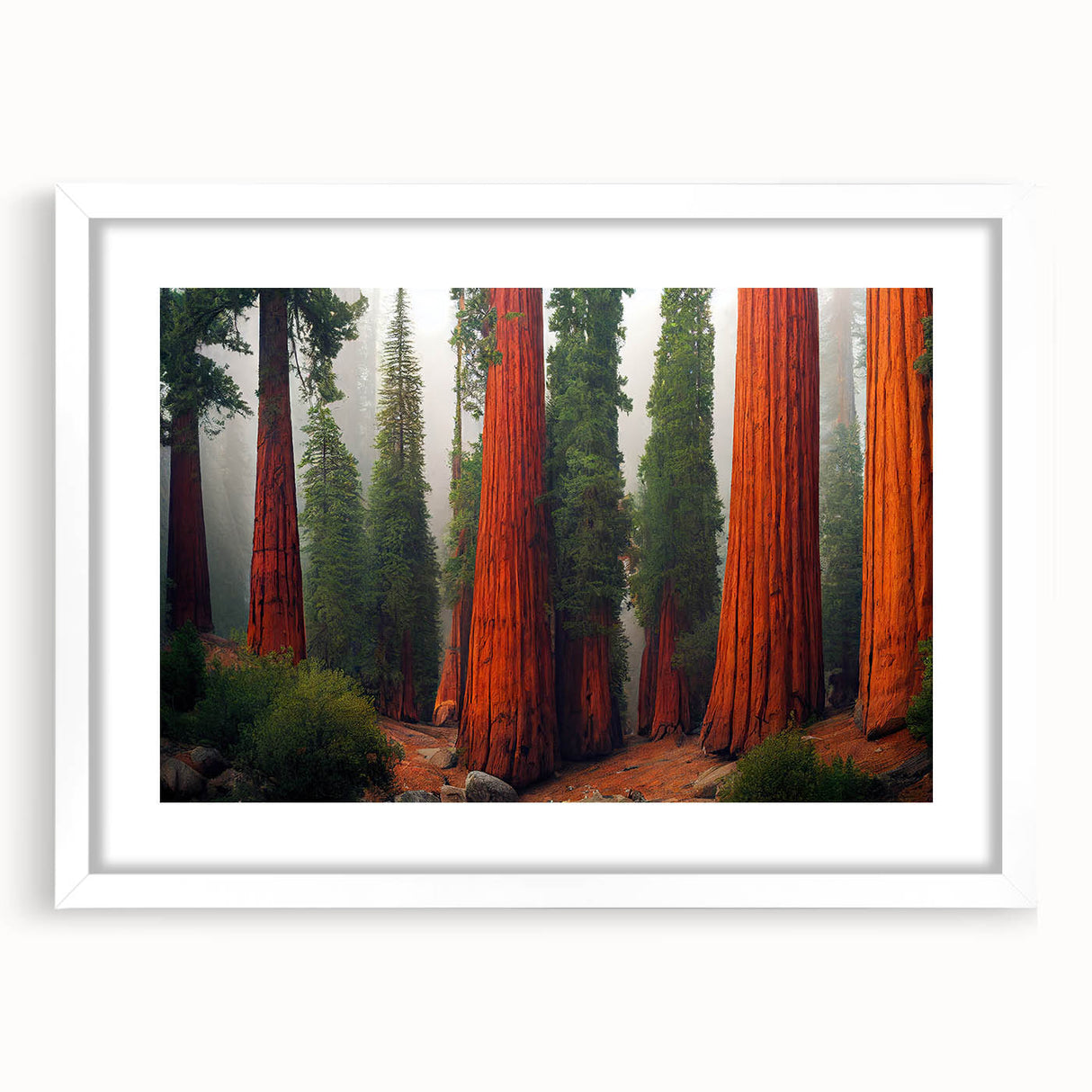 Framed botanical wall art featuring a vibrant redwood tree design with colorful flowers, presented in a white mat and frame, ideal for nature-inspired decor.