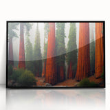 Framed wall art featuring a botanical design of redwood trees, set against a black background, showcasing vibrant colors and intricate details, perfect for nature lovers.