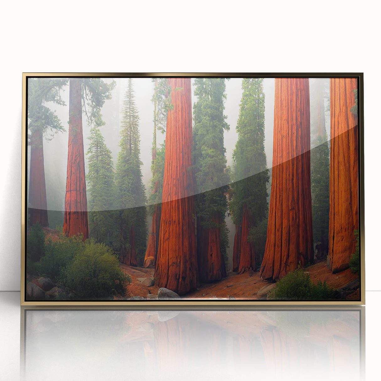 Framed wall art collection featuring a botanical design of redwood trees, highlighted by a gold-acrylic front, ideal for nature-themed decor. Perfect for adding elegance to home interiors.