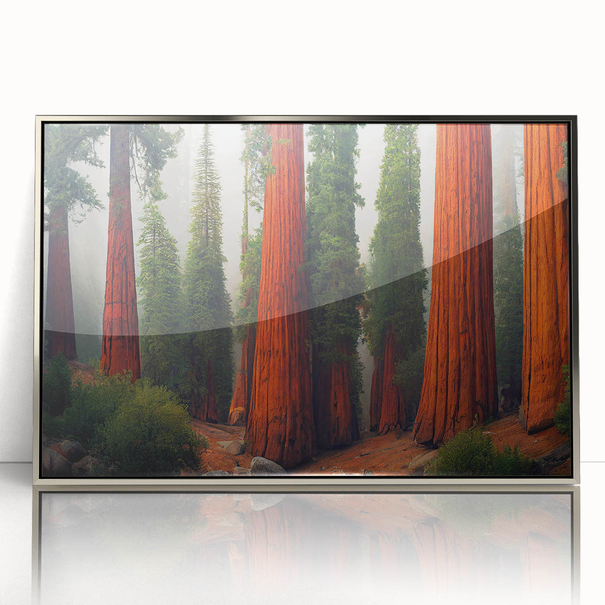 Framed wall art collection showcasing a vibrant botanical design of redwood trees, featuring a silver frame that enhances its modern aesthetic. Ideal for nature lovers and home decor enthusiasts.