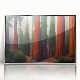 Framed wall art collection showcasing a vibrant botanical design of redwood trees, featuring a silver frame that enhances its modern aesthetic. Ideal for nature lovers and home decor enthusiasts.